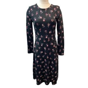 Black Floral Long Sleeve A Line Dress Women's Casual Midi